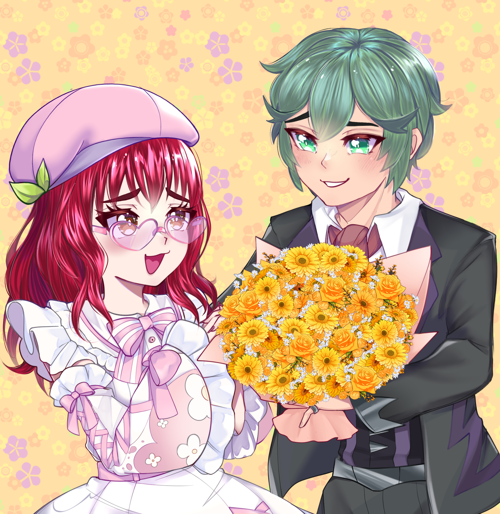 Ilustración de Solecito recibiendo un ramo de flores